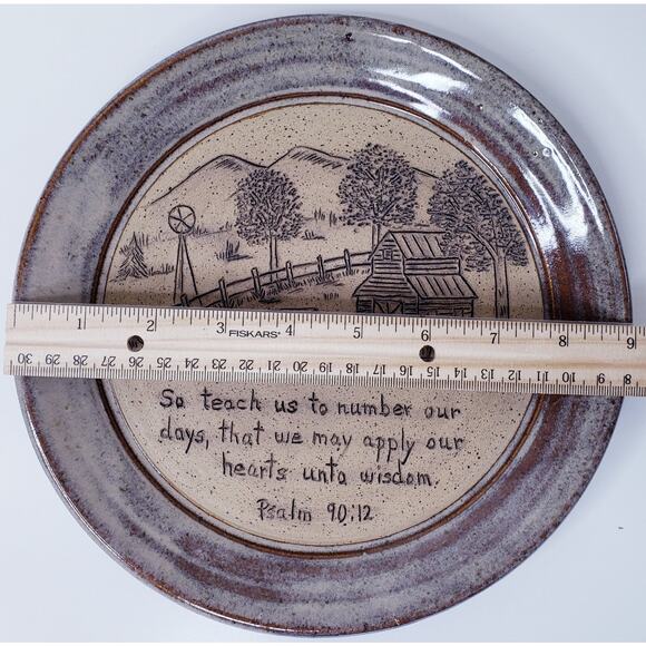 Handmade POTTERY Farm Scene Decorative 9" Plate Inscribed w/ Psalm 90:12~ Signed - Picture 5 of 5
